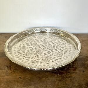 Vintage Moroccan Handmade Silver Plated Round Footed Serving Tray